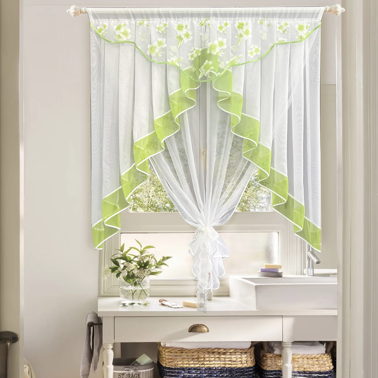 

1PC Pastoral Green Floral Three Layer Sheer Curtain for Living Room Kitchen Voile Window Drape Courtyard Cafe Home Decoration