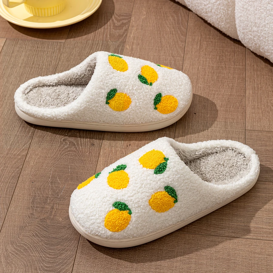 Cute Fruit Lemon Embroidery Children's Winter Slippers Indoor Comfortable Warm Parent-child Shoes Casual Bedroom Home Shoes