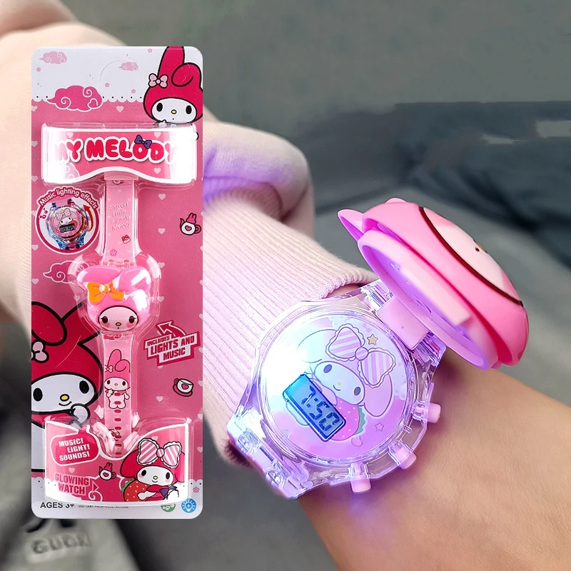 Sanrio Kuromi My Melody Kawaii Lighting Music Flip Watch Luminescent Electron Toys Creative Jewelry A Birthday Gift for Children