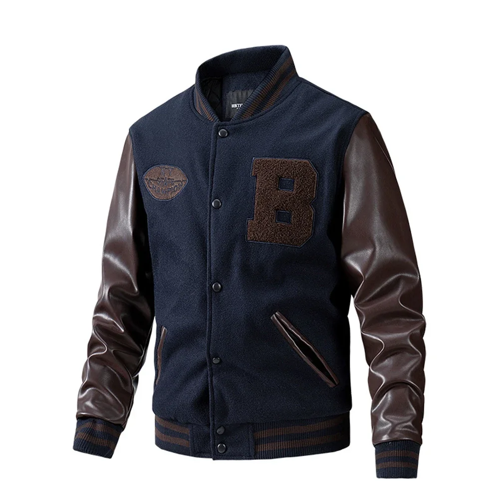 Varsity Jacket Men PU Sleeve Patchwork Jackets Autumn Winter Thick Jacket Fashion Casual Letter Embroidery Baseball Coats Male
