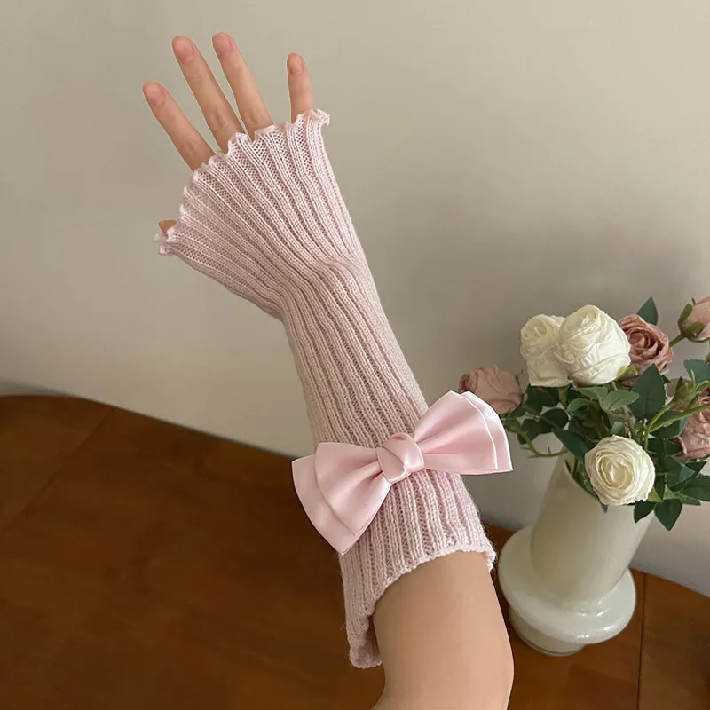 Women Knitted Bow Tie Fingerless Gloves Lolita Arm Sleeve Y2k Pink Girl Gothic Keep Wamrm Long Gloves Kawaii JK Accessories