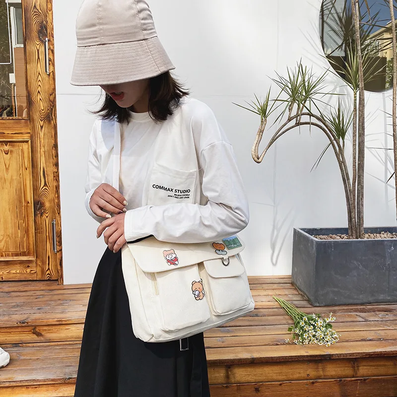 Japanische Harajuku niedlichen Retro Mädchen Umhängetasche schicke Abzeichen Leinwand Cross body Schult aschen Student einfarbige Umhängetasche Schulranzen – Detail 1