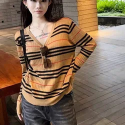 2024 Autumn New Loose Casual Knitted pullovers Long Sleeve Striped Sweaters Women Chic Vintage V-neck Knitwear Tops