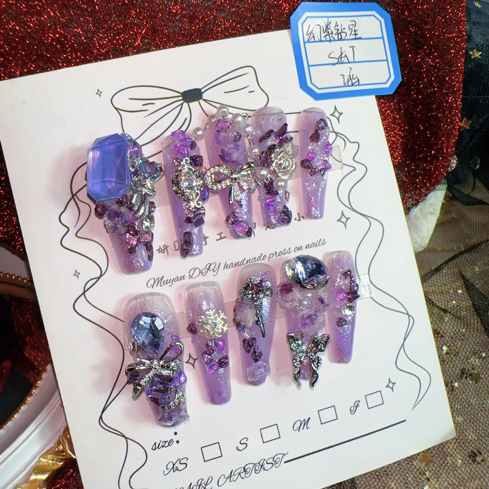 

Handmade Y2K Baddie Press On Nails Phantom Purple Extra Long Coffin Purple Glitter 3D Crystal Cross Butterfly Heavy Duty Trendy