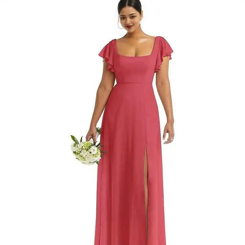 Boda larga de gasa dividida Dr adelgazante Bal amigo boda Dr vestido de noche tela de poliéster de cintura alta