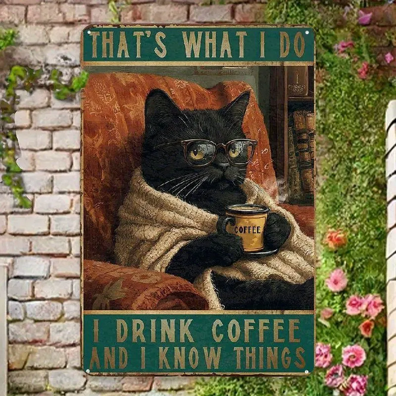 Black Cati Vintage Metal Sign Drink Coffee Wall Decor 8x12inch