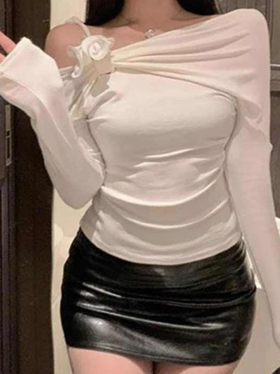 Camiseta larga ajustada Sve para mujer, diseño de hombro, patrón Floral, versión coreana, algodón, poliéster, primavera y otoño