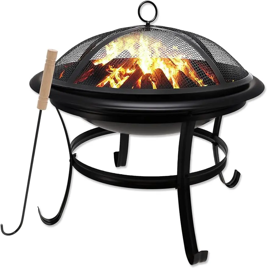 

22 in Outdoor, Wood Burning Fire Pit with Mesh Lid and Fire Picker, Durable Alloy Steel Fire Pits for Outside, Camping, BBQ