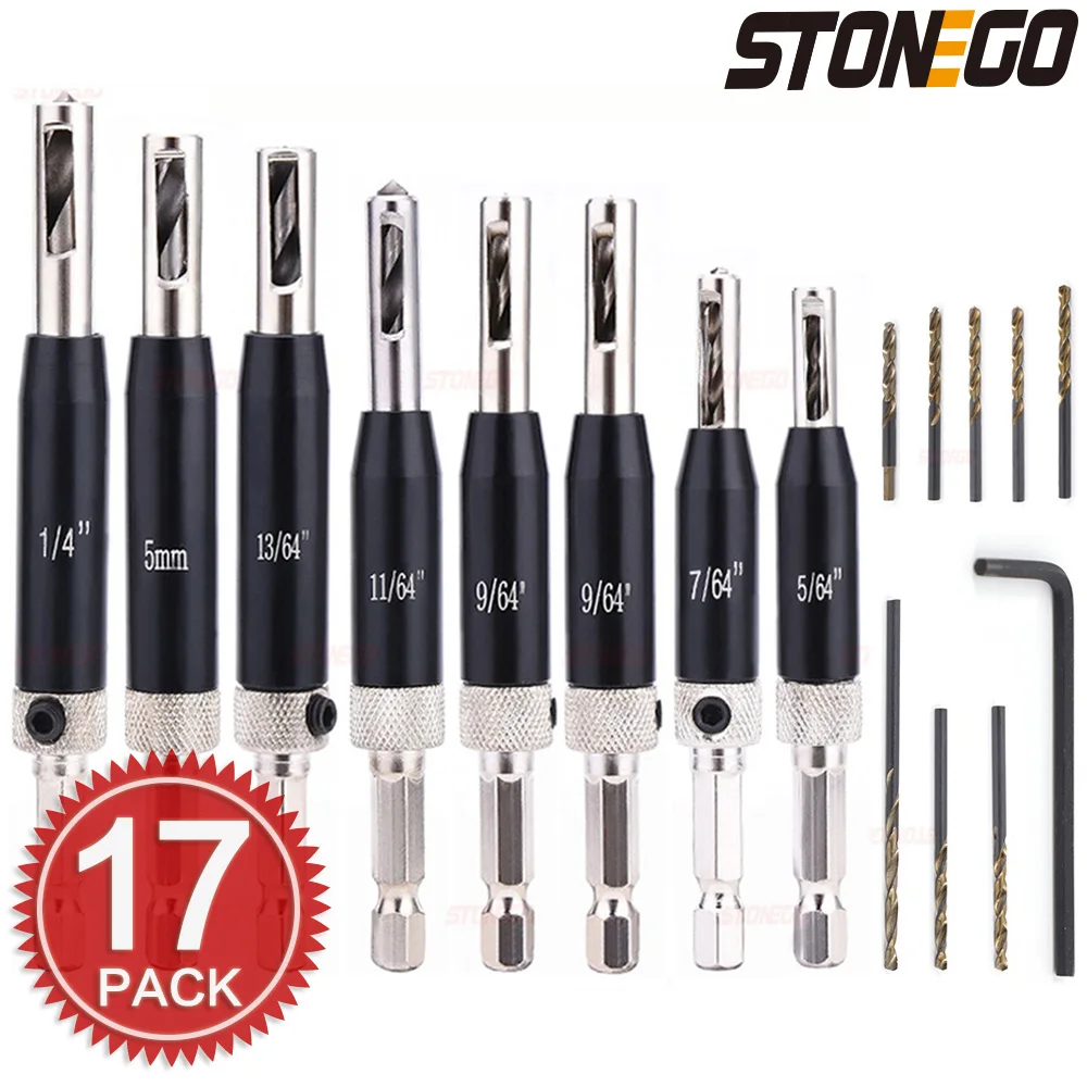 STONEGO 7/8/15/17Pack Black Oxide Self Centering Lock Hinge Drill Bit Set Hardware Drawer Pilot Hole Guides