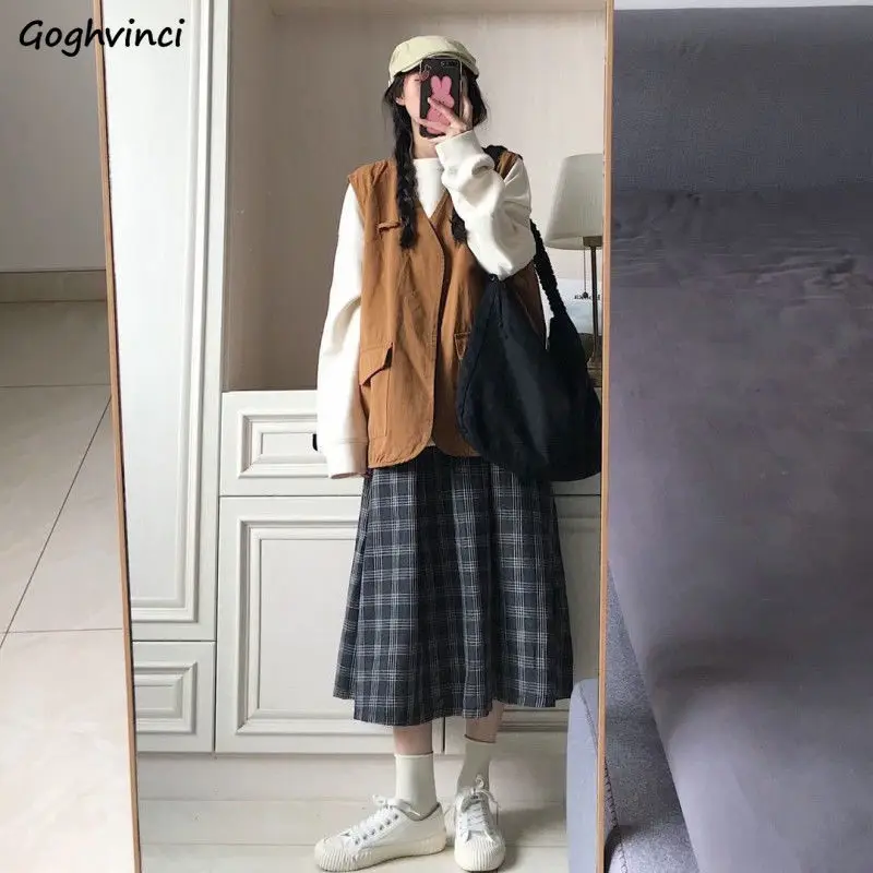 Women 3 Piece Skirts Sets Preppy Style Solid O-neck Hoodies Retro Cargo V-neck Vest Mid-calf Plaid Shirts Leisure Students Chic