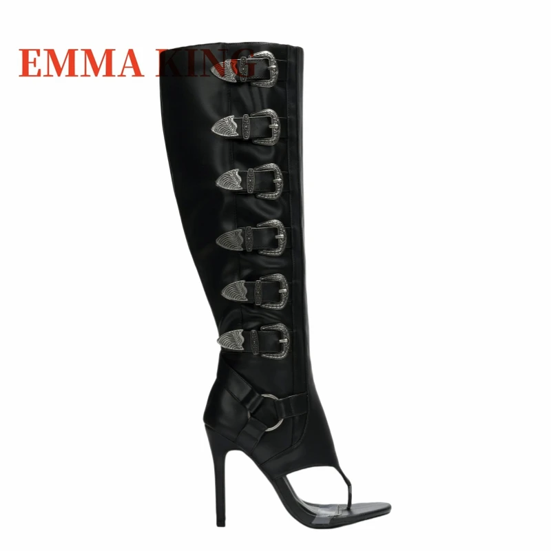 حزام نسائي مشبك تصميم حذاء برقبة للركبة مثير مفتوح جولة تو المصارع الأحذية موضة طويلة عالية الكعب سستة الأحذية مساء الأحذية