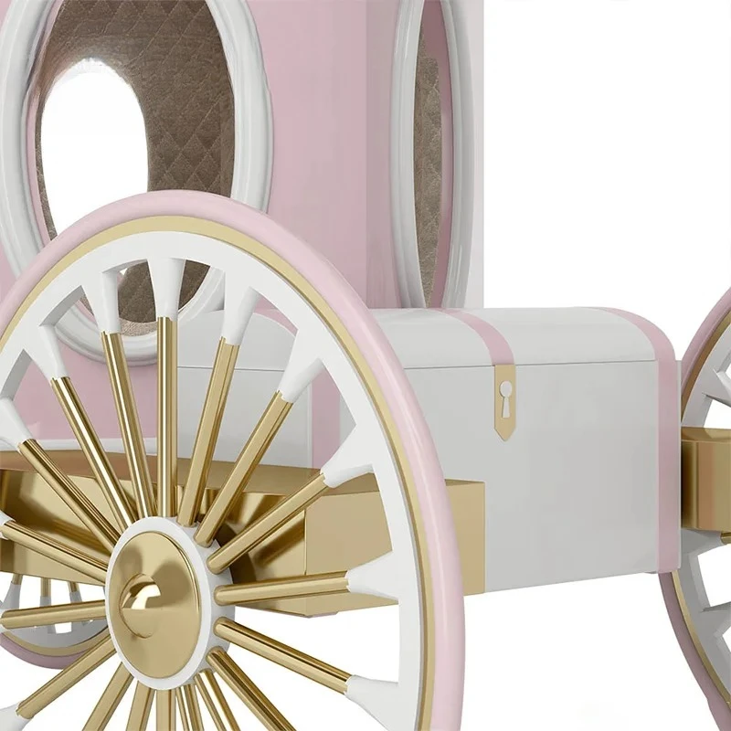 Factory Direct 2026 Modern Luxury Cartoon Art Carriage Bed Made of Solid Wood, Environmentally Friendly, White, Pink, Soft