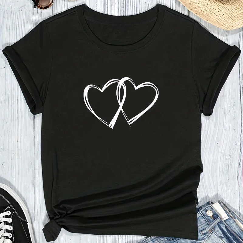 

Double Heart Print Women T-shirt O-Neck Loose Short Sleeve T Shirt Ladies Fashion Streetwear Top Fashion Streetwear Clothes Tops