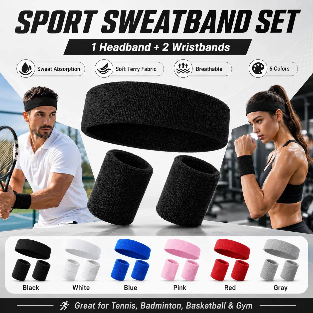 3Pcs Sports Sweatband Set, Absorbent Terry Headband & Wristbands, Sweat Bands for Tennis Badminton Gym Basketball