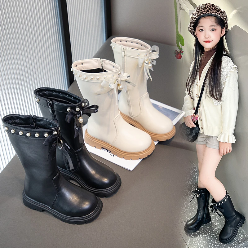 

2025 Girls Boots Zip Kids Knee High Non-Slip Plush Long Boots for Girls High Leather Boots Winter Fashion Boot Princess Shoes