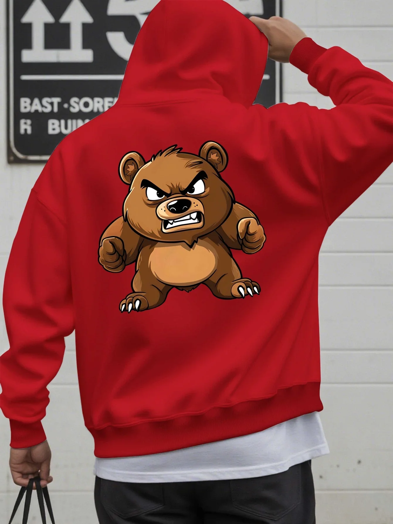 Angry Cartoon Brown Bear Graphic Hoodie Tough Bear Back Print Pullover Sweatshirt Loose Fit Unisex Autumn Winter Fleece