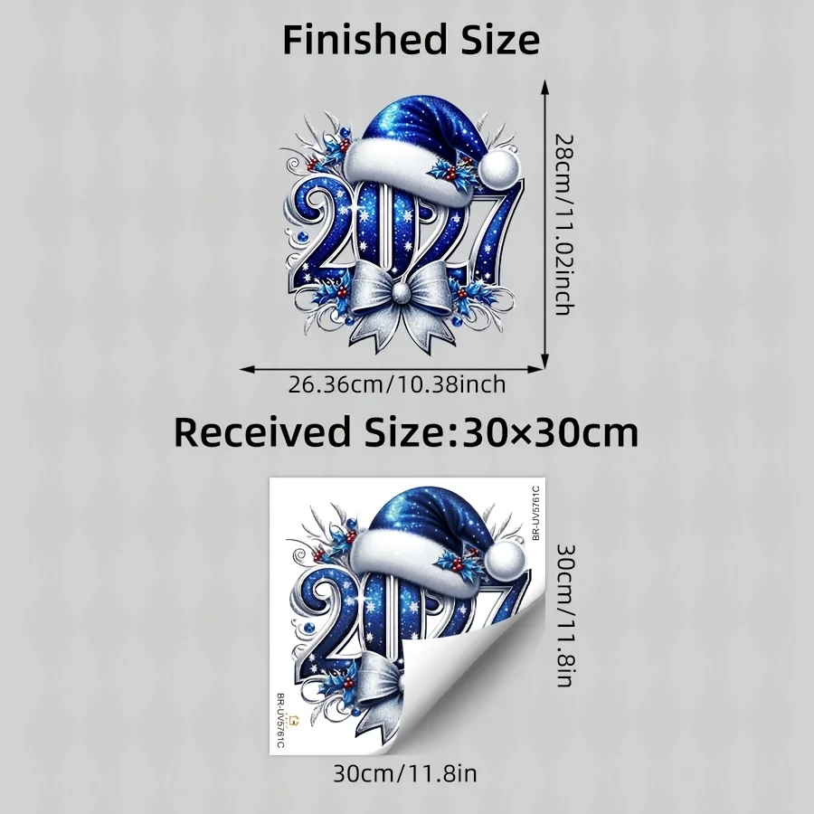 1PC 2027 Christmas Window Sticker Blue Santa Hat Bow Decal Removable Self‑Adhesive New Year Glass Window Decor for Home Party view 2
