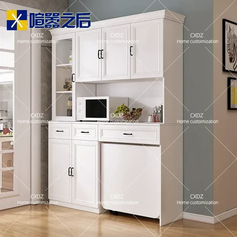 Multifunctional Dining Side Cabinet with Folding Table and Microwave Storage Nordic Style Restaurant Cupboard Integrated