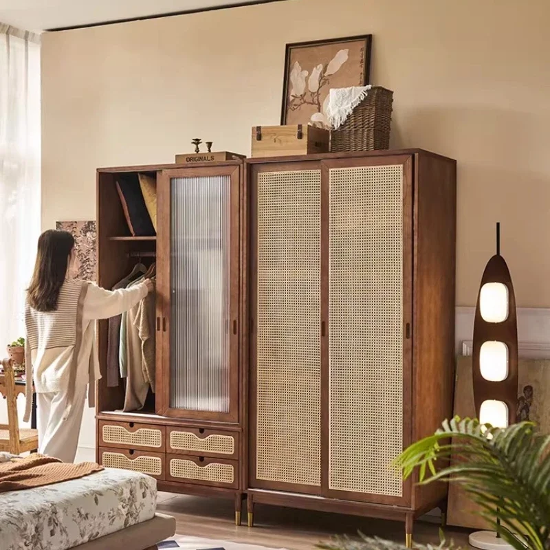 Rattan wardrobe combination small apartment household sliding door locker integrated against the wall