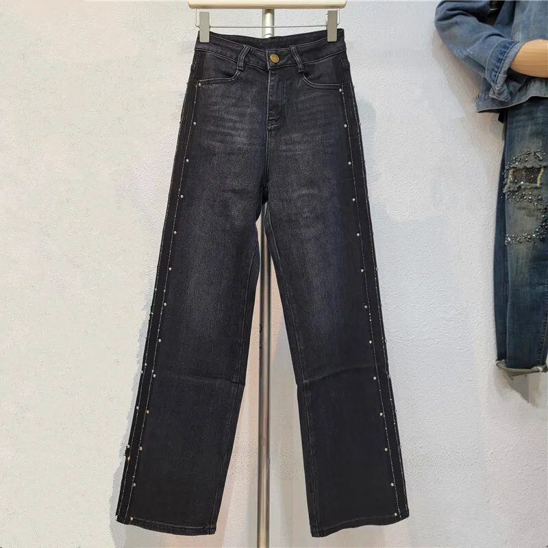 [zoci] Luxury Niche Denim Jeans Autumn New High Waisted Heavy Industry Girl Wide Leg Floor Pants