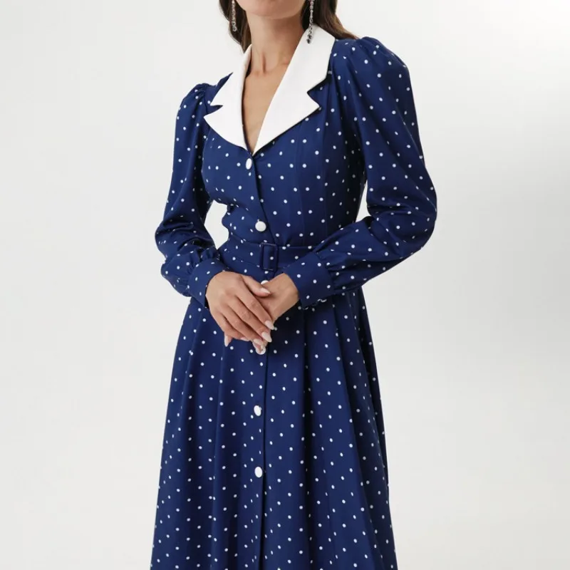 エレガントな女性のドットプリントフレンチドレスヴィンテージオフィスレディロングランタンスリーブラペルシングルブレスト流れるAラインシャツドレス