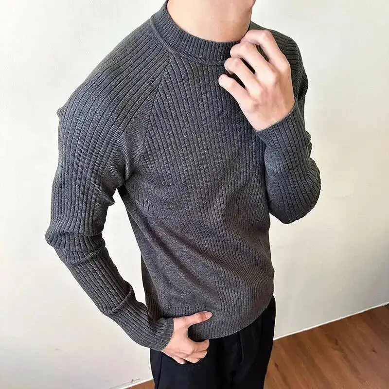 Pit Strip Design Men's Tees Long Sleeved Casual Knitting Round Collar Tops Slim Solid Color Male T-shirts Summer 9WIGH9