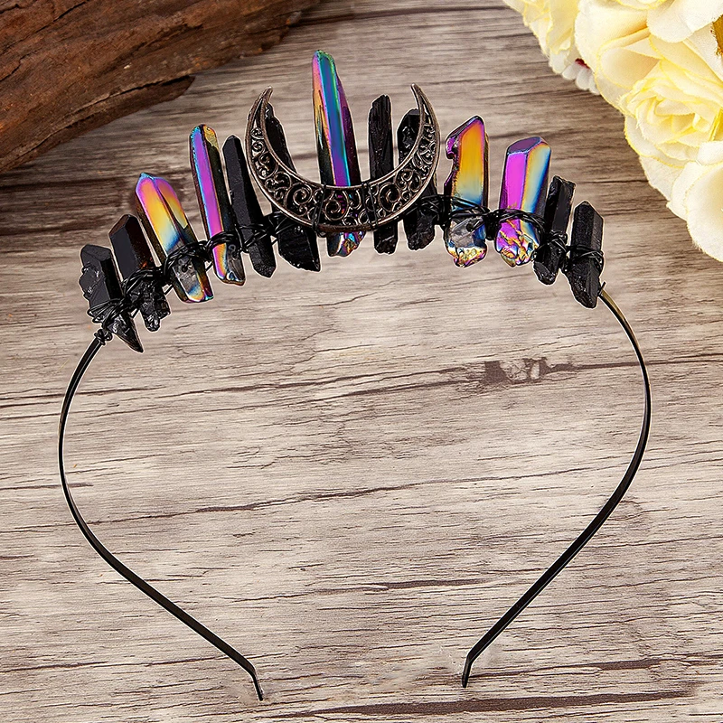 Natural Crystal Witch Crown Hair Accessories Multicolored Crystal Headwear Moon Bridal Headband Handmade Fashion Jewelry Gifts