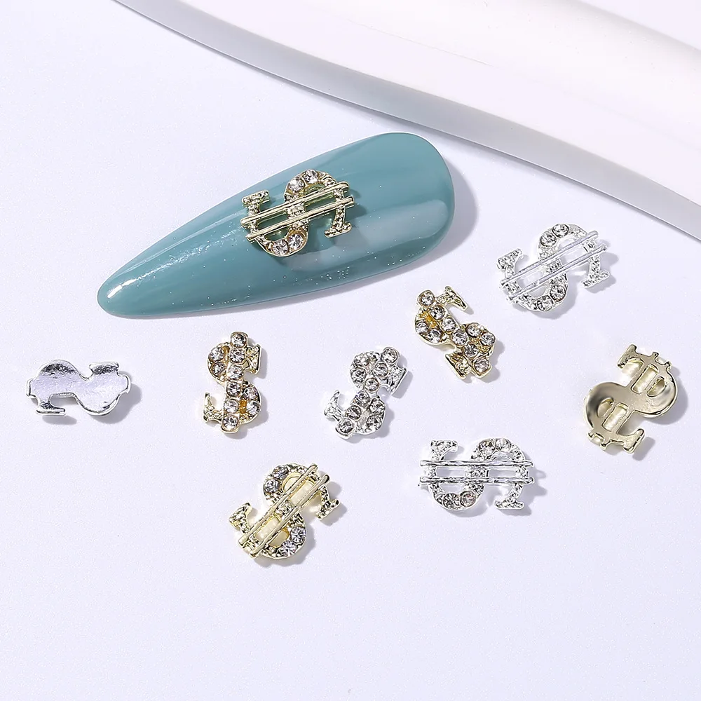 10pcs 3D Dollar Sign Nail Art Charms Metal Alloy Dollar Nail Diamond Accessories with Gems Rhinestones Luxury Money Supplies