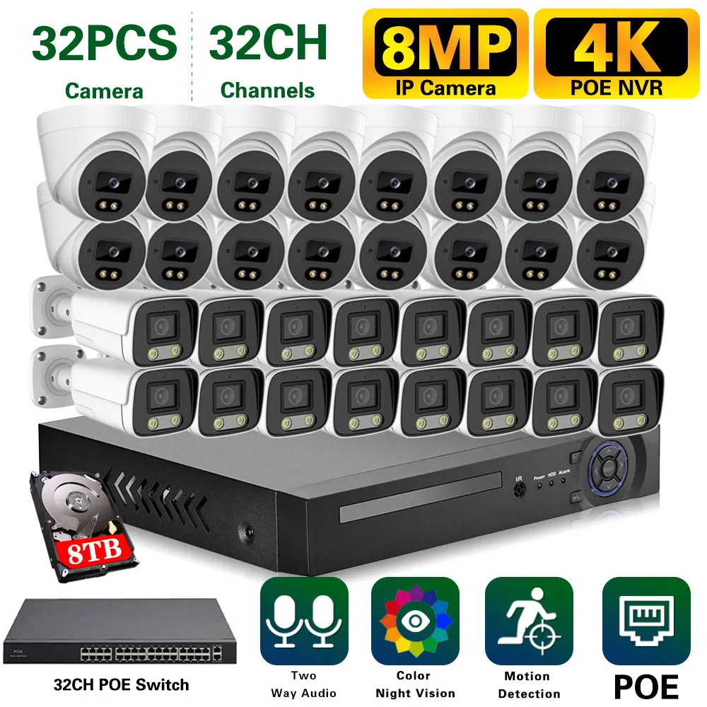 H.265 XMeye CCTV NVR System 32CH 4K Ai Colorful Night Outdoor POE IP Camera 8MP Two Way Audio Video Security Camera Kit 16Ch