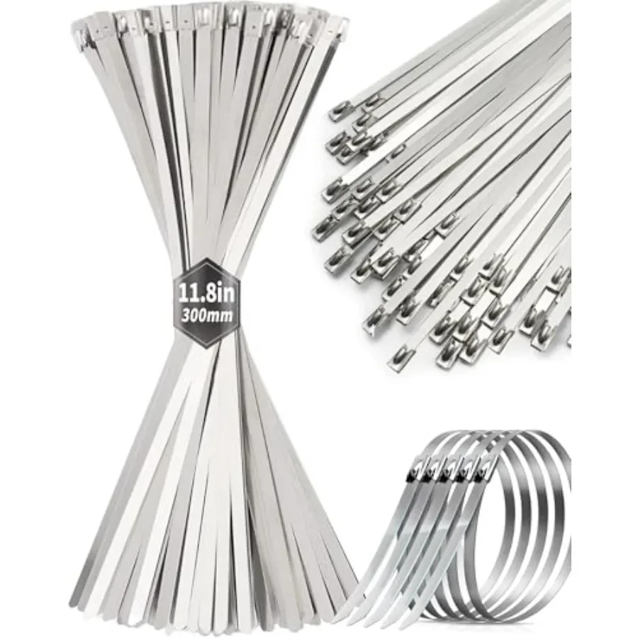 50Pcs Metal Zip Ties, Heavy Duty Stainless Steel Cable Ties, 11.8 inch 304 Stainless Steel, Self-Locking, Holds 198 Ibs, Hear R