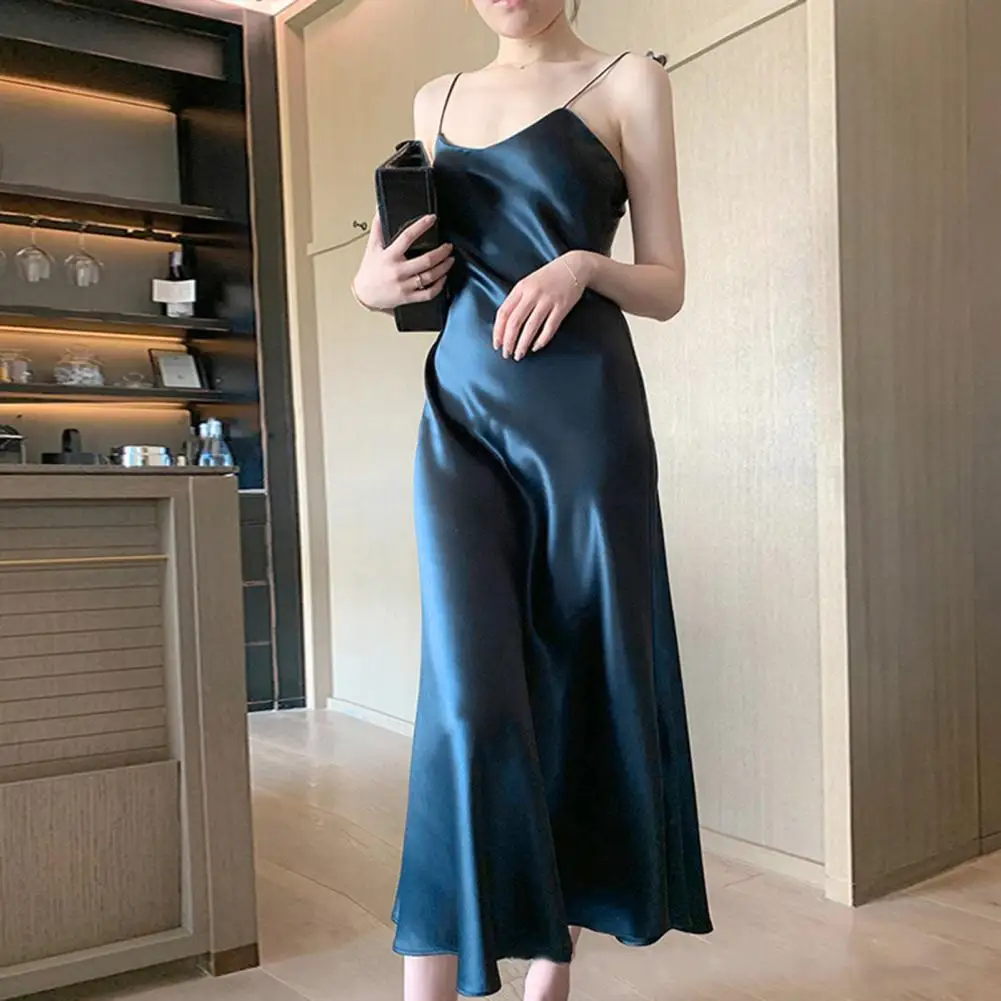 

Charming Summer Evening Dress Solid Color Slim Fit Summer Midi Dress Silky Nightdress Strappy Dress