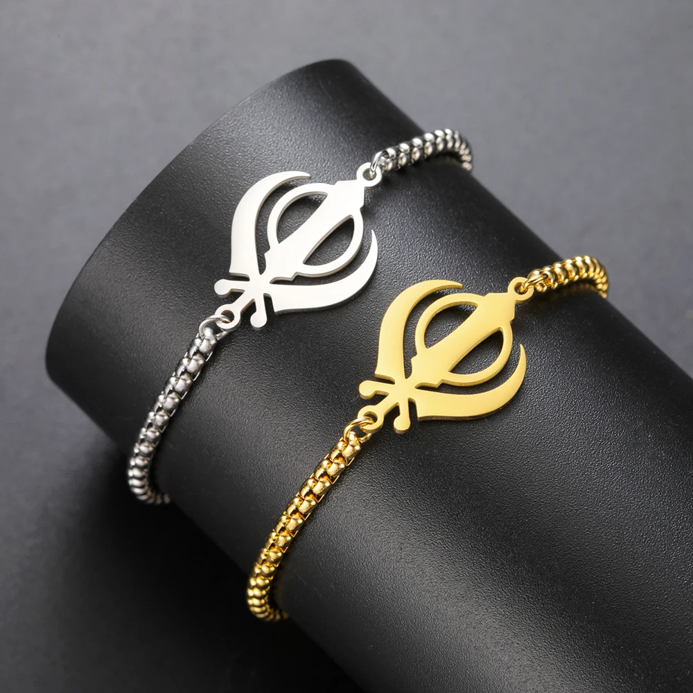 Sikh Religious Symbol Khanda Bracelet Sikhism Sword Protection Amulet Stainless Steel Beads Bracelet Couple Gift