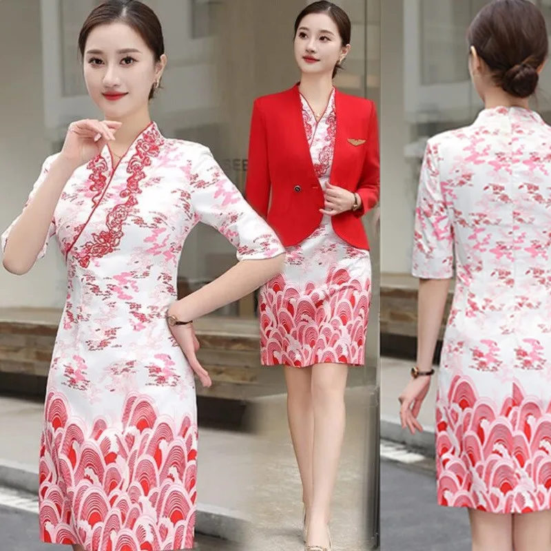 

Standard Flight Attendant Uniform China Hainan and Southern Airlines Cheongsam Summer Thin Work Set Women's Professional Dress