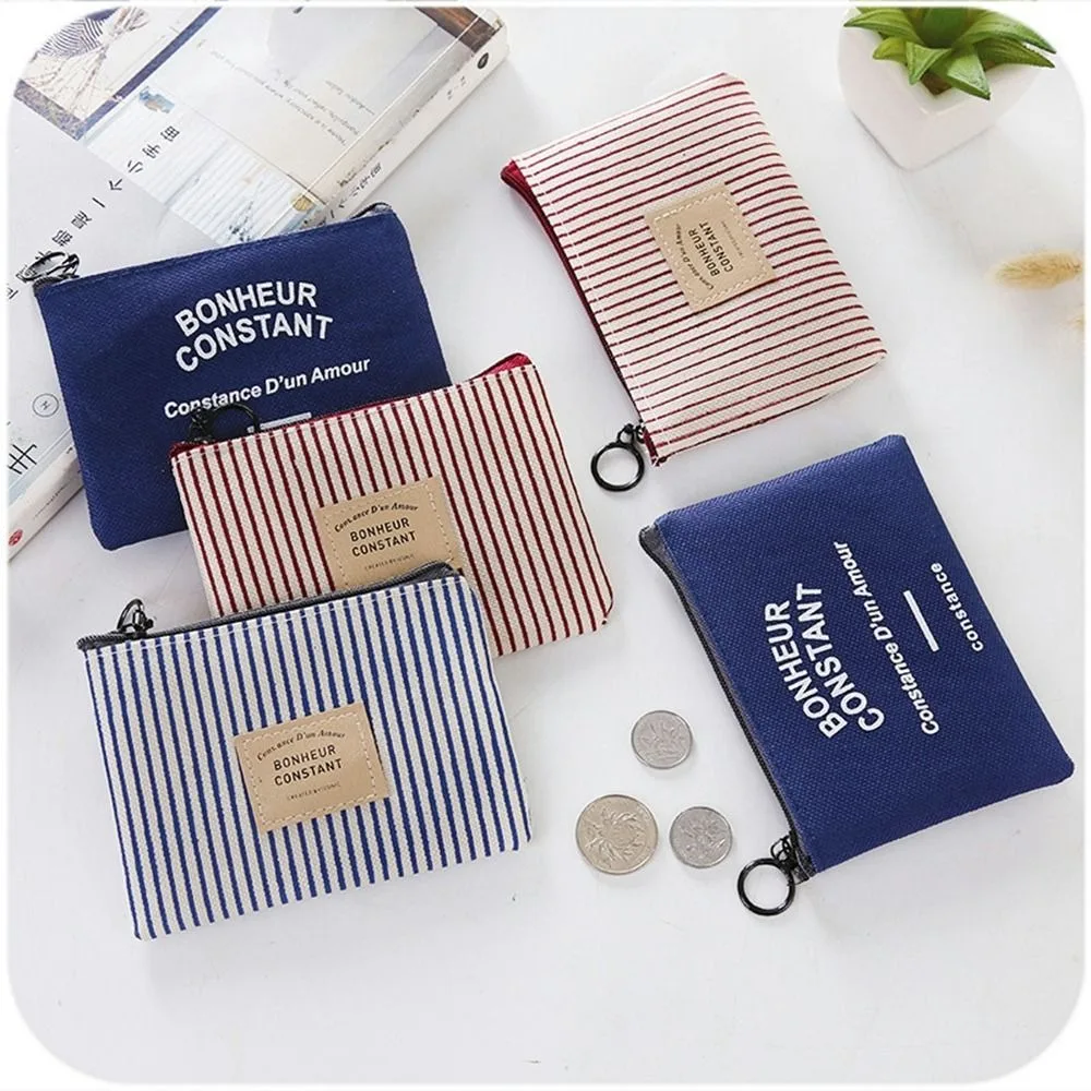 Canvas Stripe Coin Bag Purse Women Coin Money Card Holder Simple Fashion Wallet Case Zipper Key Storage Pouch For Kid Girl Gift