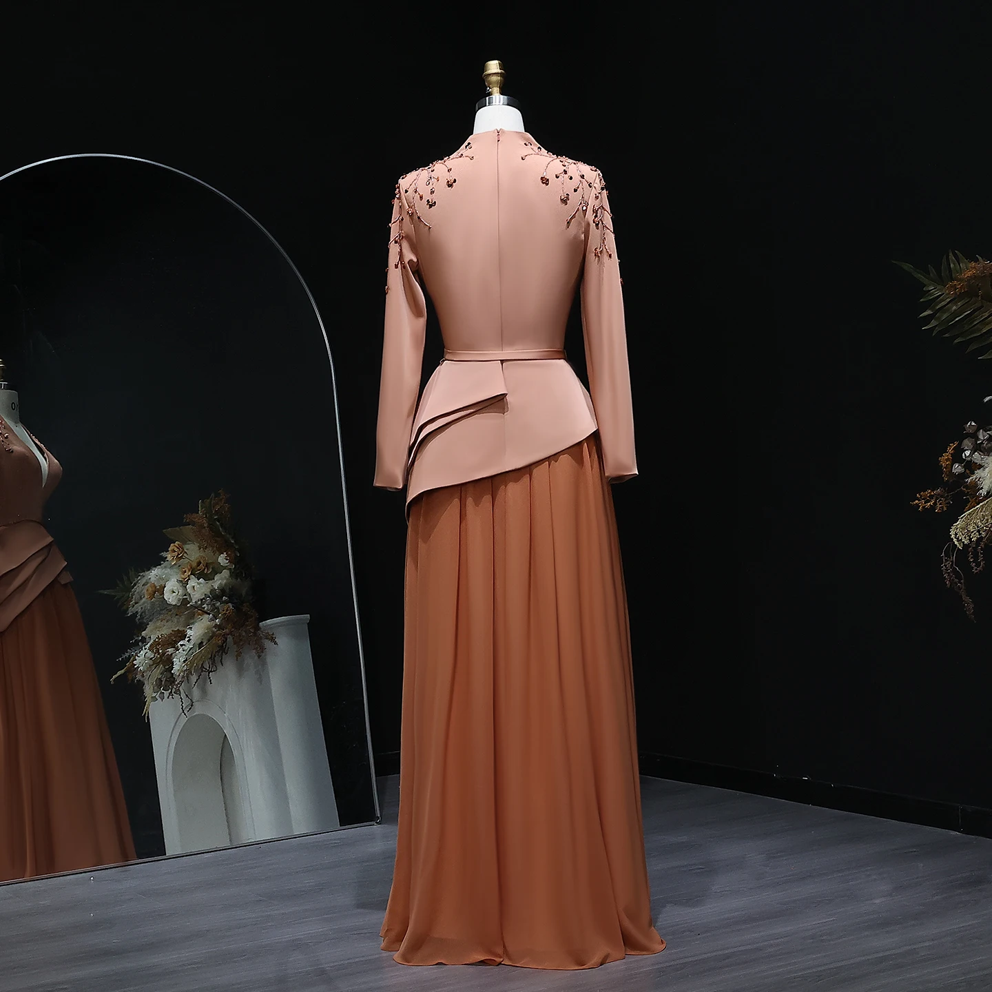 Sharon Said Dubai Orange Beading Evening Dresses with V-Neck Full Sleeve for Women Wedding Formal Gown SS216 Customized image 5