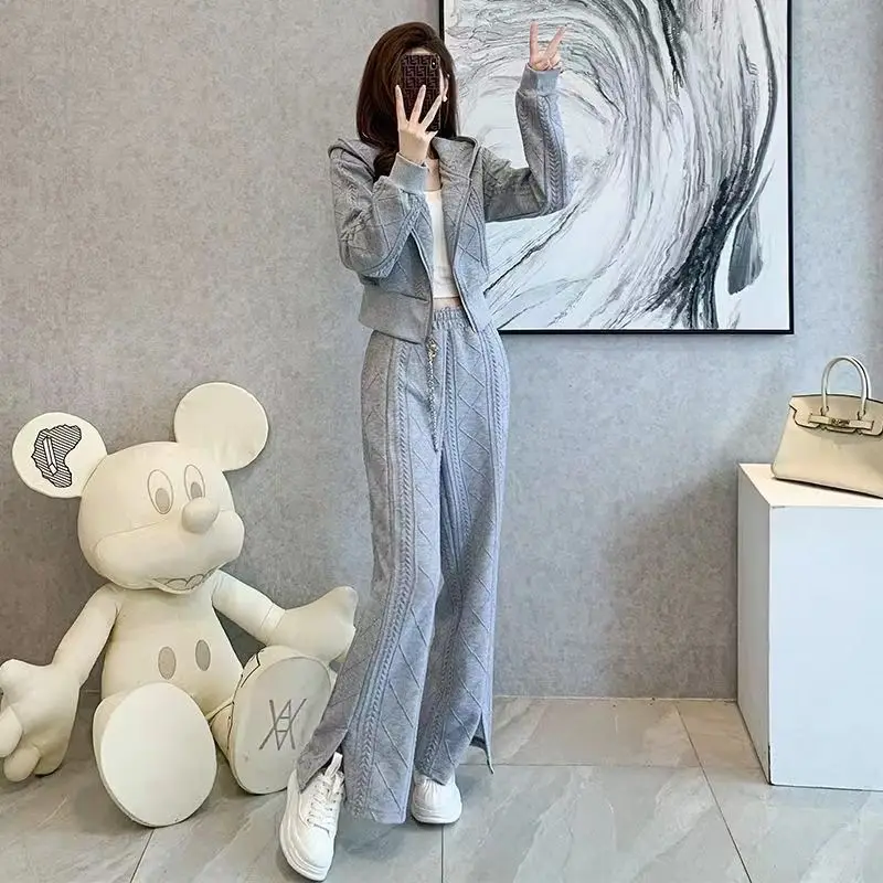 Pant Sets for Women 2 Pieces Wide Leg Sweatshirt Sport Blue Tracksuit Autumn Winter Trousers Woman Outfit Casual Elegant Luxury