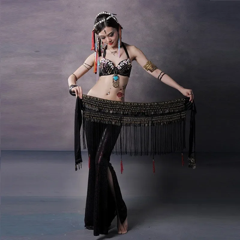 Donne Tribal danza del ventre Hip sciarpe Bellydance vita catena cinture ATS gonna a portafoglio con frange monete flanella Vintage Boho Show