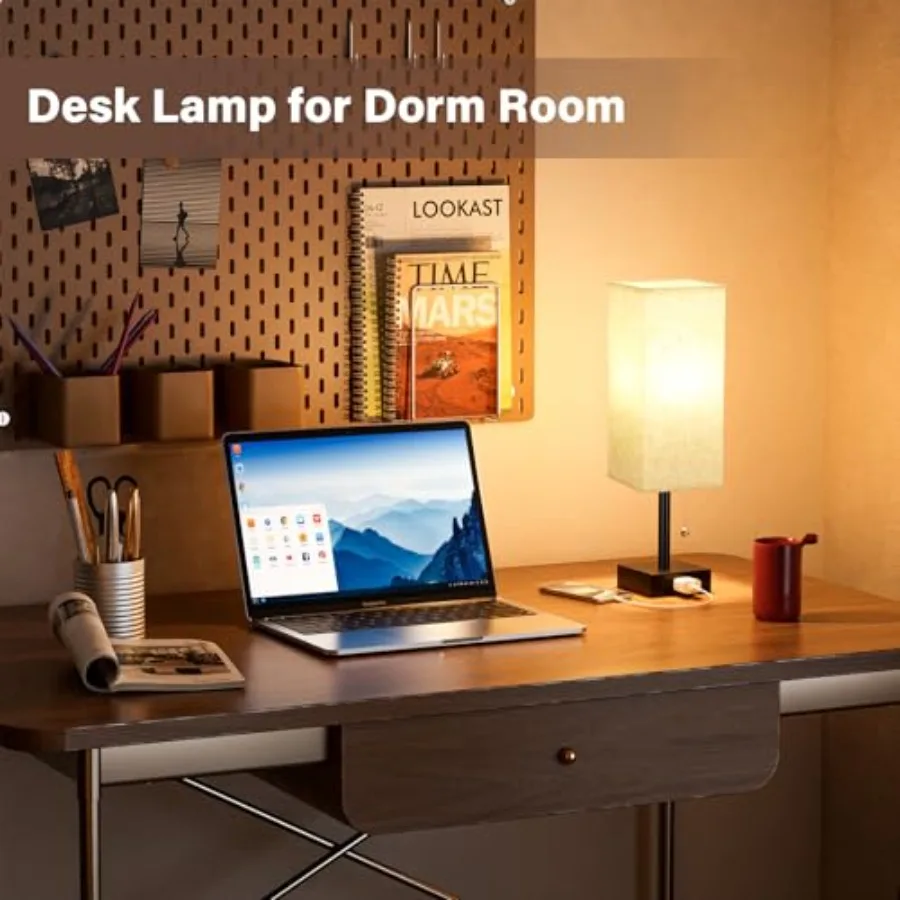 Bedside Table Lamps for Bedroom Set of 2 - Small Rectangular Nightstand Lamp with AC Outlet Charging Port, 3 Color Temperatures view 3