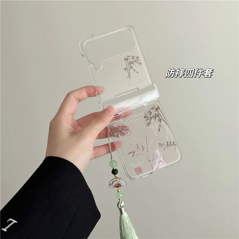 Chinese Style Bamboo Leaves Phone Case for Samsung Galaxy Z Flip6 4 3 Hard Cover for ZFlip3 Zflip4 Zflip5 Solid Shell Bracket