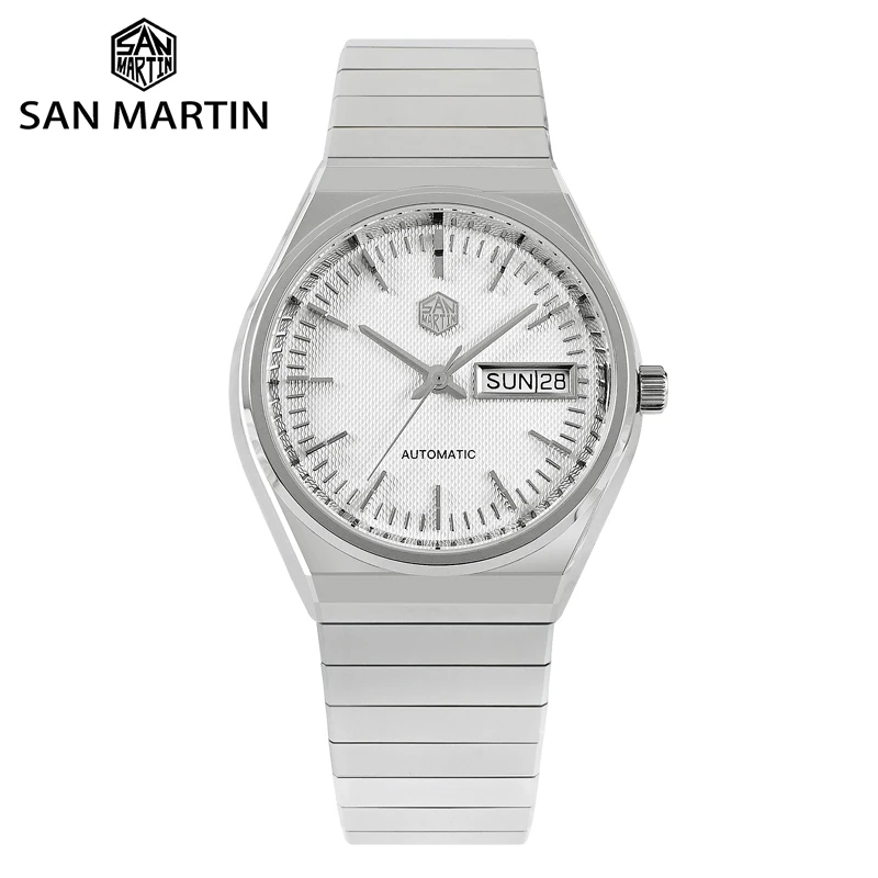 San Martin Men Dress Watch 37mm Luxury Fashion ST2100 Automatic Mechanical Sports Business Sapphire Grid Dial Date & Day Window