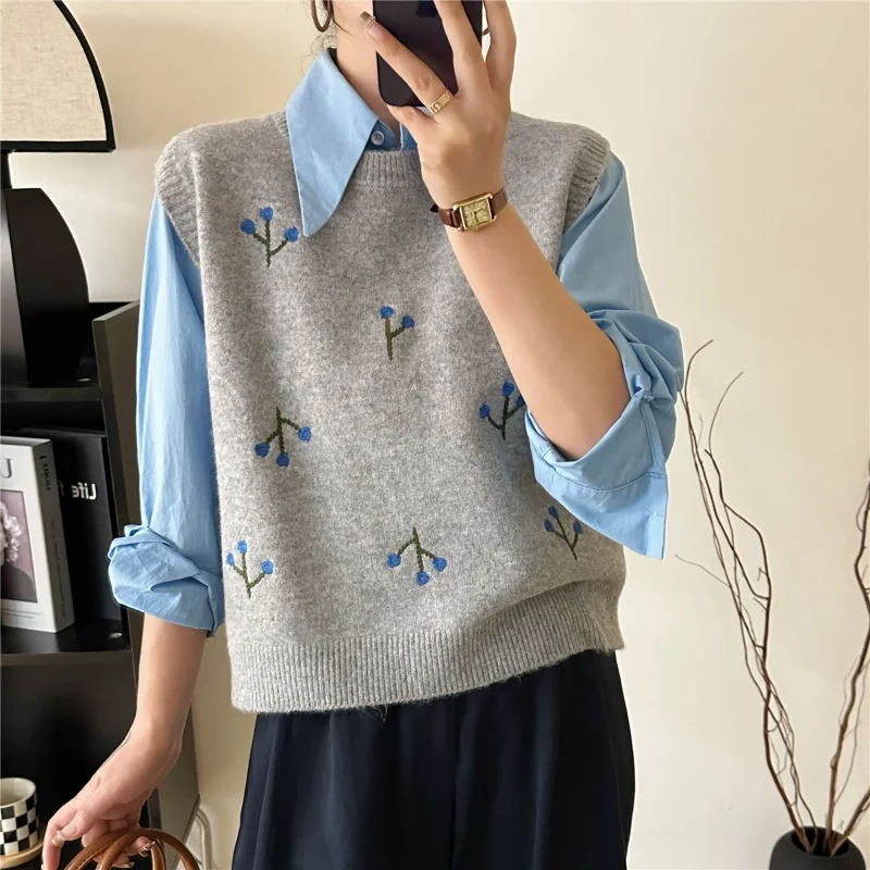 

Элегантный жилет в корейском стиле с круглым вырезом, жилет для женщин, мода на весну, шерстяной вязаный универсальный топ без рукавов