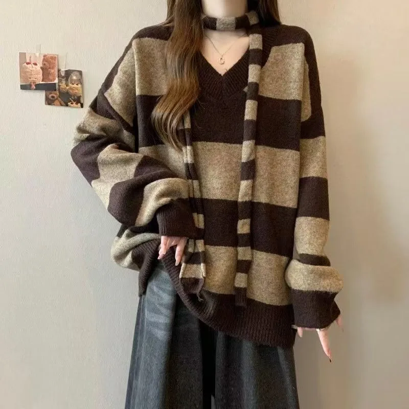 

Полосатый шарф с воротником-халтер и цветными блоками, свитер, пальто, женский новый осенне-зимний свободный топ