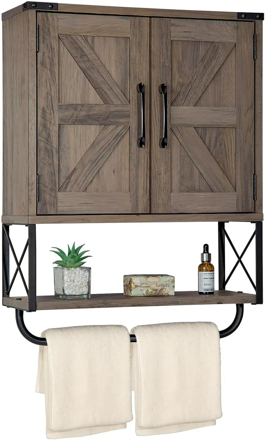 

Farmhouse Medicine Cabinet with 2 Barn Door, Wood Wall Mounted Storage Cabinet with Adjustable Shelf and Towel Bar, 3-Tier Bathr