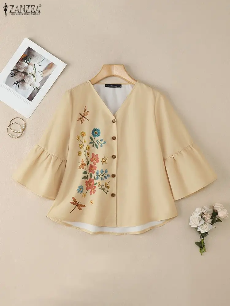 

ZANZEA Элегантные рубашки с цветочным принтом, женские повседневные свободные блузки с v-образным вырезом и расклешенными рукавами 3/4, осень 2021, женская одежда, S-3XL