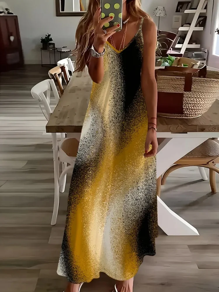 

Women's Casual V-Neck Sleeveless Maxi Dress Abstract Geometric Print Summer Vacation Beach Dresses Fashion Loose Clothes