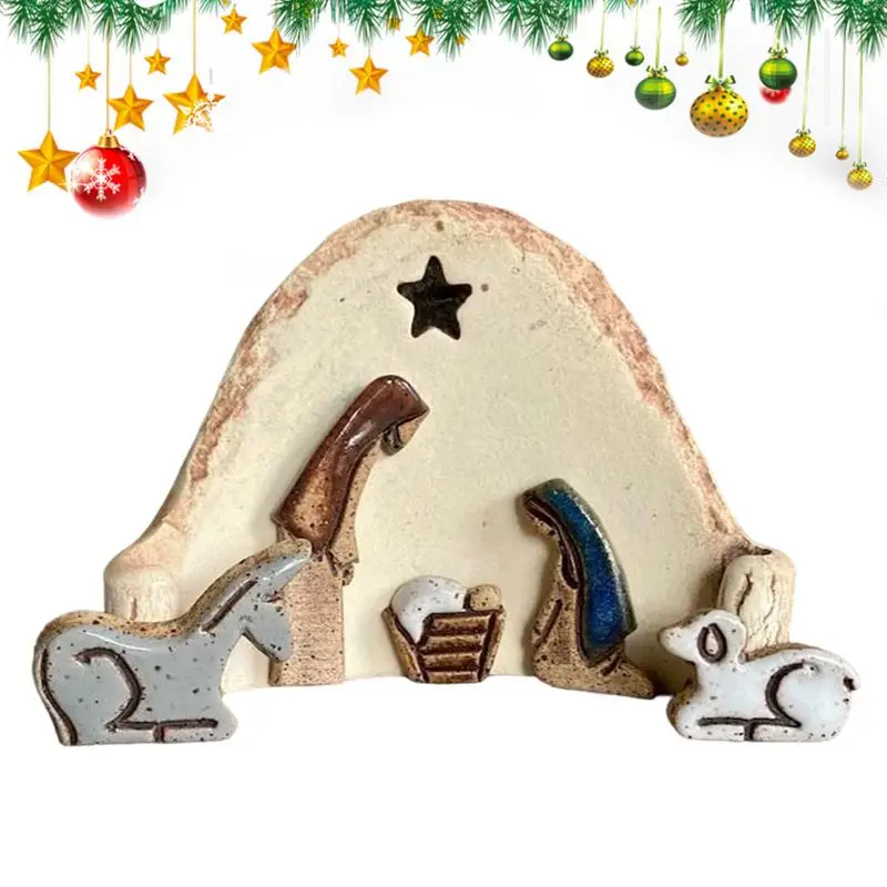 Jesus Christmas Ornaments Manger Scene Figurines Tiered Tray Decor Nativity Manger Scene Christmas Table Centerpiece Resin Birth