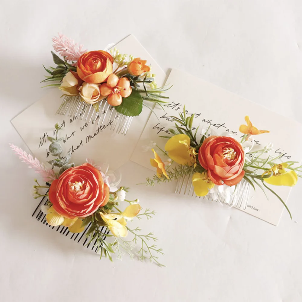 Orange Flowers Bridal Headwear for Wedding Girls Fake Florals Hair Accessories Side Combs Silk Rose tocado para cabello novia