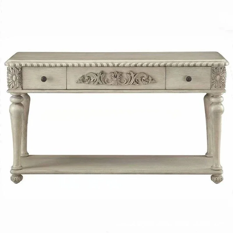 

American solid wood carving flower foyer entrance table, retro old white sofa back few