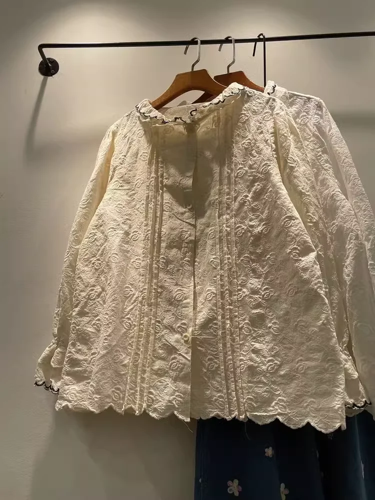 2025 elegancka koszula damska boho szykowne ubrania mori kei modny koronkowy haft białe beżowe koszule i bluzki odzież boho