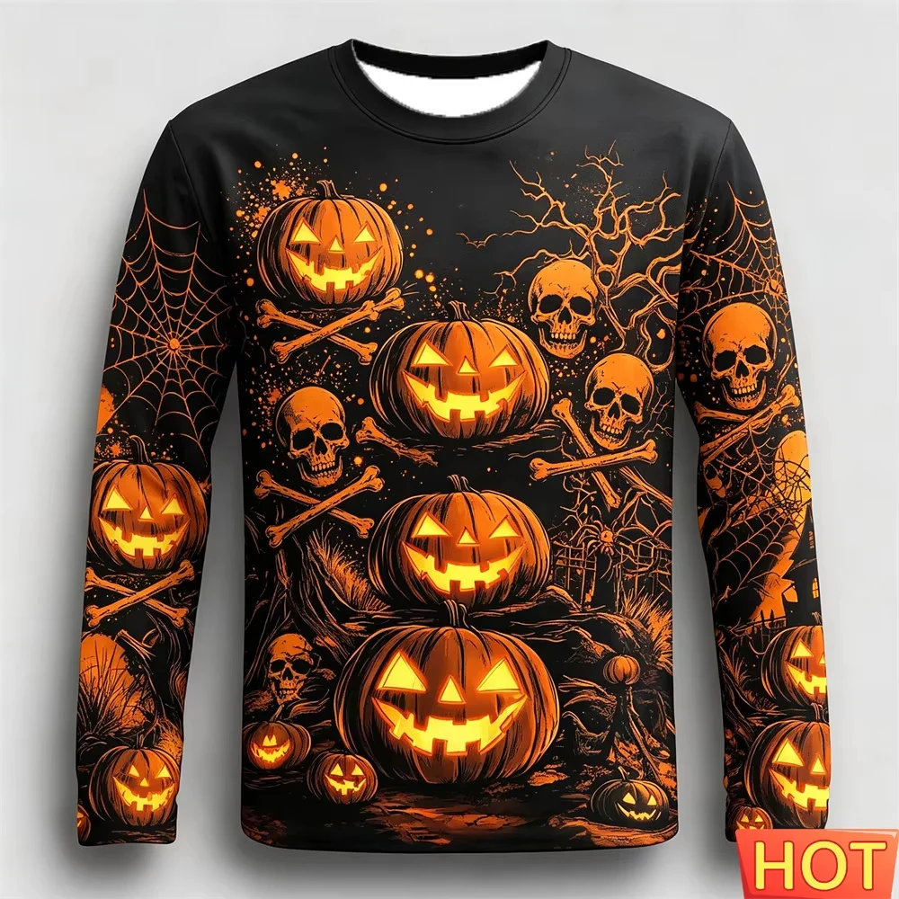 Men Halloween Scarecrow Pumpkin Full Print Crewneck Sweatshirt Spooky Forest Moon Bat Long Sleeve Pullover Holiday Party Casual
